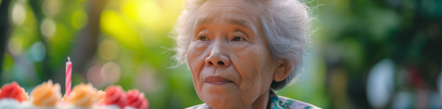 Elderly Woman Celebrating Birthday Outdoors with Candlelit Cake in Sunlit Garden photo