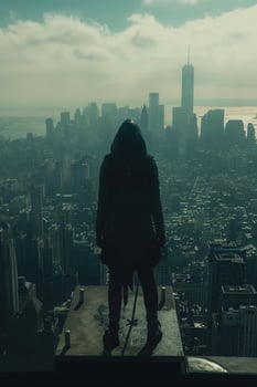 Silhouette of Person Overlooking Foggy Urban Skyline at Dawn photo
