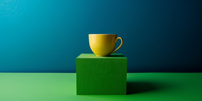 Yellow Coffee Cup on Green Wooden Block Against Blue Gradient Background photo