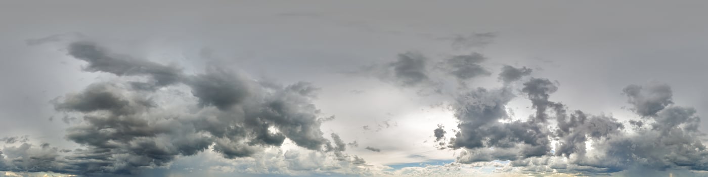 gray sky hdri 360 panorama with dark cloud before storm in seamless projection with zenith for use in 3d graphics as skydome or edit drone panoramas for sky replacement photo