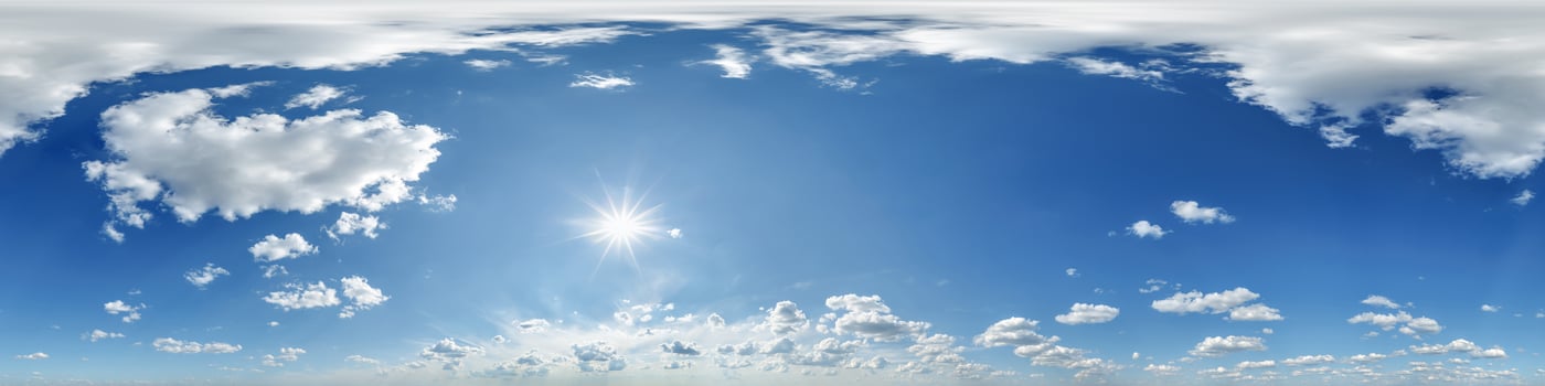 blue sky hdri 360 panorama view with awesome white clouds with zenith for use in 3d graphics as sky dome or edit drone shot as sky replacement photo