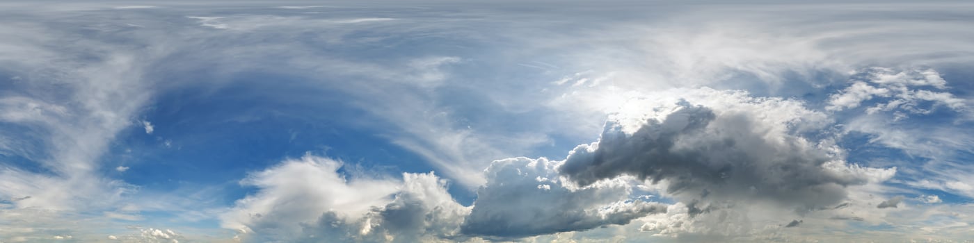 blue sky hdri 360 panorama with dark clouds before storm in seamless equirectangular projection with zenith for use in 3d graphics as skydome or edit drone panoramas for sky replacement photo