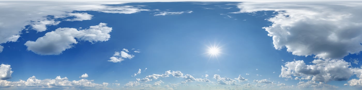 blue sky hdri 360 panorama with awesome curly white clouds with zenith for use in 3d graphics as sky dome or edit drone shot as sky replacement photo