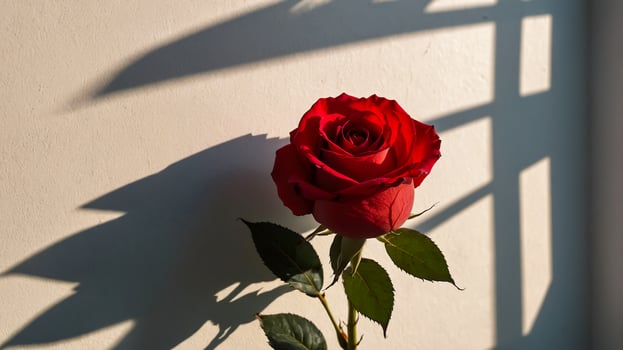 An aesthetic red rose with window shadow overlay in the room. Romantic scene of a love story. AI-Generated photo