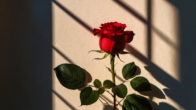 An aesthetic red rose with window shadow overlay in the room. Romantic scene of a love story. AI-Generated photo
