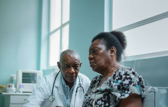 Female doctor examining an elderly patient with a stethoscope in a clinical setting.Generated image photo