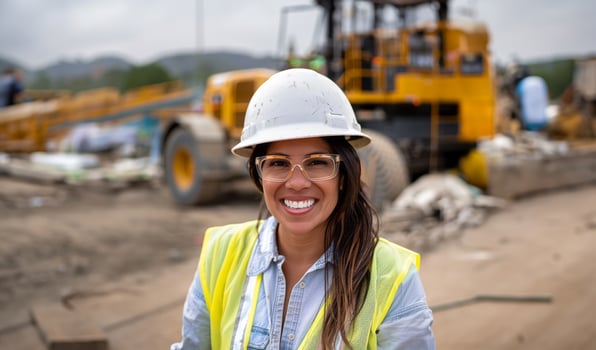 Smiling female engineer in safety glasses and helmet at a construction site.Generated image photo