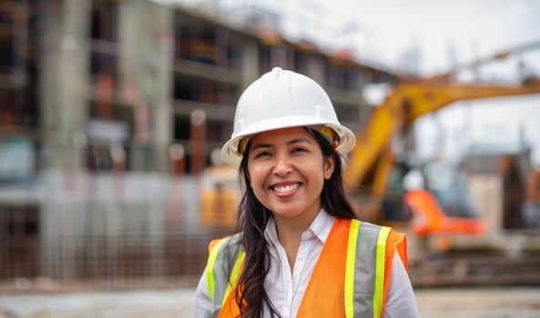 Smiling female engineer in safety glasses and helmet at a construction site.Generated image photo