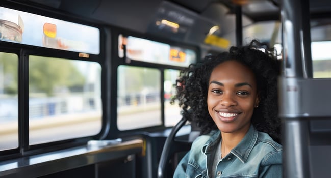 Happy Black woman enjoying a bus ride home.Generated image photo