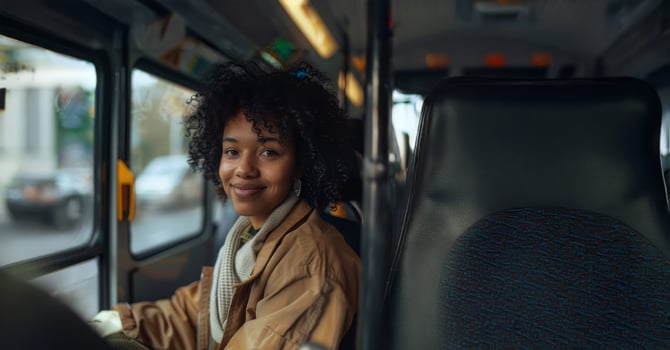 Happy Black woman enjoying a bus ride home.Generated image photo