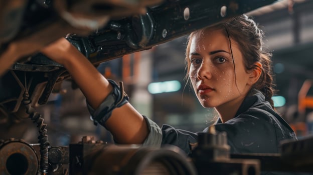 Young Female Mechanic Inspecting a Car with Focused Intensity.Generated image. photo