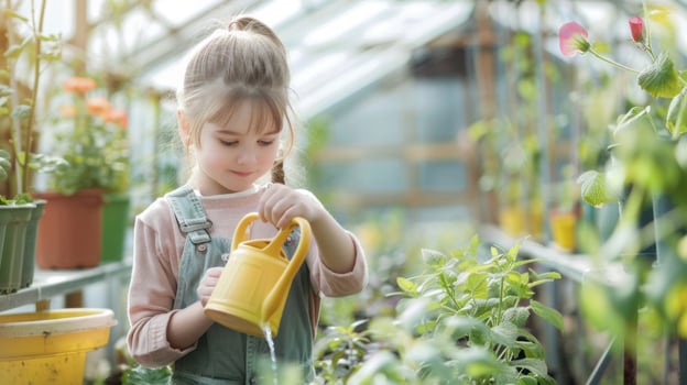 Cute Little Girl Watering and Caring for Plants in the Garden.Generated image photo