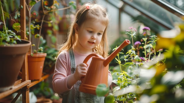 Cute Little Girl Watering and Caring for Plants in the Garden.Generated image photo