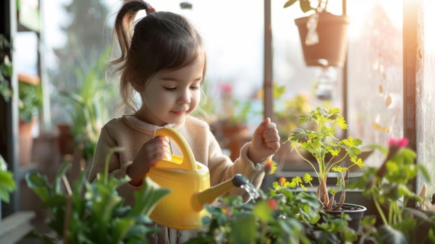 Cute Little Girl Watering and Caring for Plants in the Garden.Generated image photo