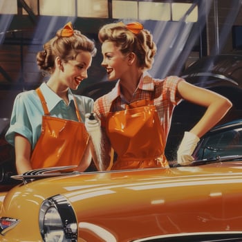 Smiling Female Mechanic Polishing a Car in the Workshop.Generated image photo