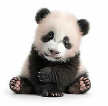 Cute Baby Panda Playing Among Soft Leaves in Natural Habitat photo