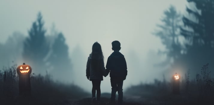 Two Children Holding Hands Near a Smiling Pumpkin on a Foggy Autumn Trail photo