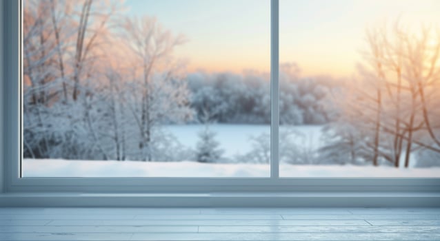 Snow-Covered Landscape at Sunrise Viewed Through Large Window photo