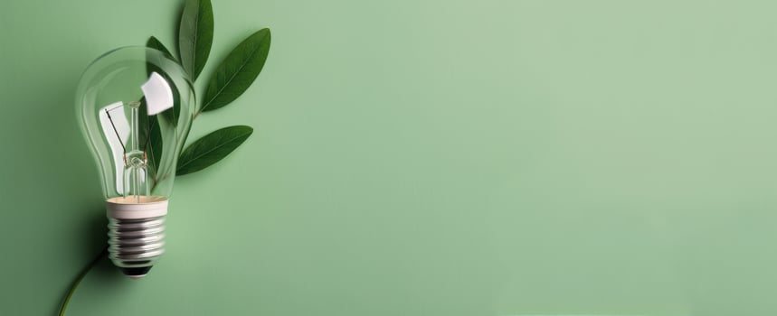 Eco-Friendly Lightbulb With Leaves Against a Green Background photo