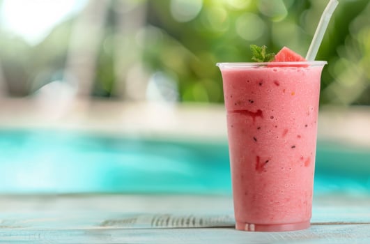 Refreshing Watermelon Smoothie By The Pool During Summer Afternoon photo