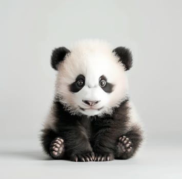 Adorable Baby Panda Sitting on Soft Fur Rug in Calm Indoor Setting photo