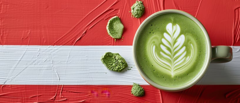 Green Matcha Latte Art on Red and White Textured Background - Vibrant and Artistic Beverage Photography photo