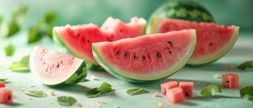 Freshly Sliced Watermelon with Mint Leaves on a Light Green Background in a Summery Setting photo