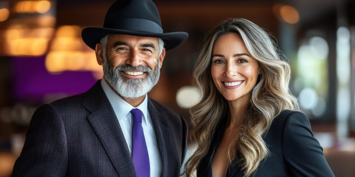 A well-dressed couple smiles confidently together at an elegant evening gathering photo