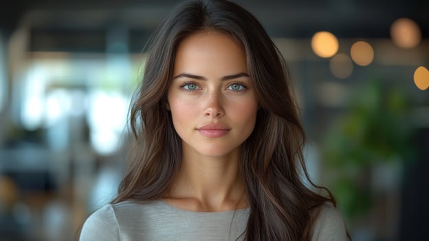 A young woman stands confidently in a bright office environment photo