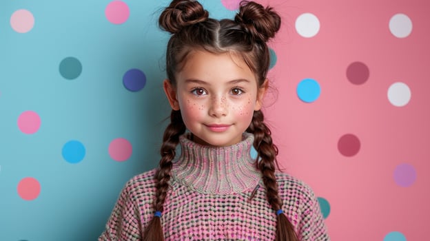 A cheerful girl with braids is posing against a vibrant polka dot background photo