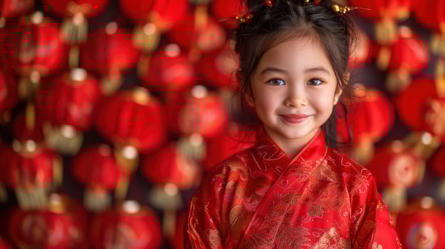 A young girl in traditional attire smiles brightly amidst vibrant red lanterns photo