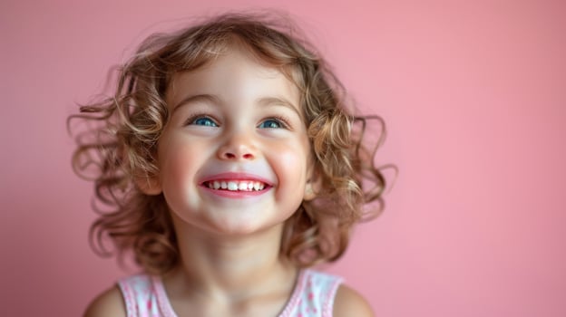 A cheerful young girl beams broadly with curly hair in front of a pink background photo