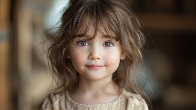 A smiling young girl with wavy hair enjoys the warm ambience of her home photo