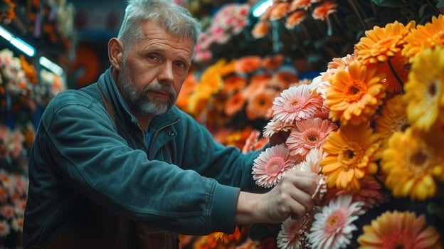 A vendor carefully arranges colorful gerbera daisies in a bustling flower market photo