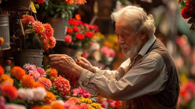 An elderly man arranges vibrant flowers at a bustling market in the evening light photo