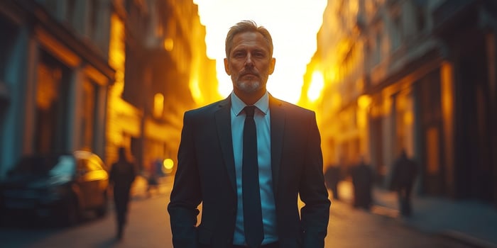 A man confidently walks through a vibrant city street at sunset, surrounded by warm light photo
