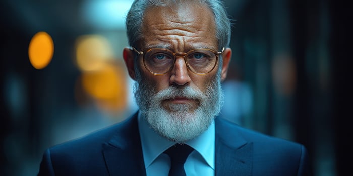 A mature man in a suit walks through an urban alleyway as evening light glows softly photo