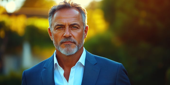 A well-dressed man stands outdoors, exuding confidence during the evening light photo