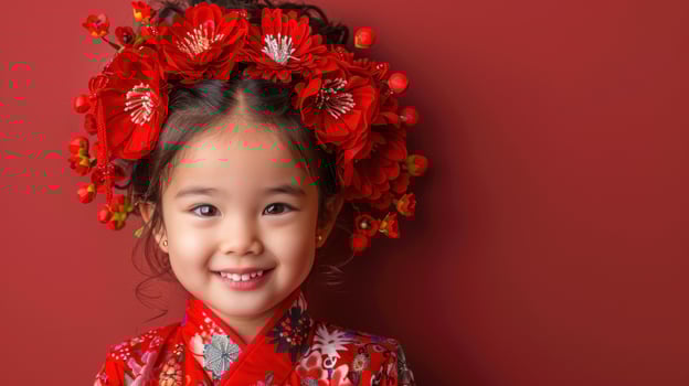 A young girl smiles joyfully in traditional attire with a striking floral headpiece photo