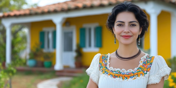 A woman stands cheerfully in traditional attire outside a bright yellow house photo