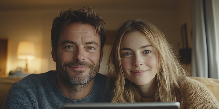 A joyful couple enjoys each other's company while working on a laptop photo