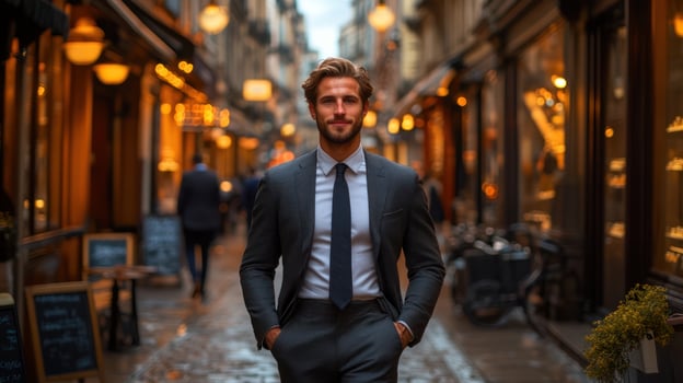 A man in a suit strolls through a lively alley illuminated by warm lights photo