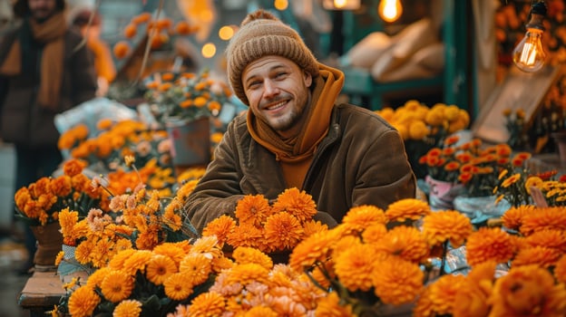 A cheerful man poses among vibrant orange flowers at a lively market photo