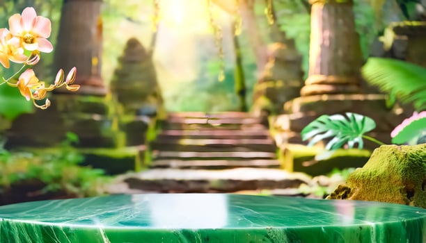 Green Marble Table Top in a Tropical Jungle photo