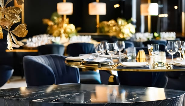 Elegant Restaurant Table Setting with Black Marble Table Top photo