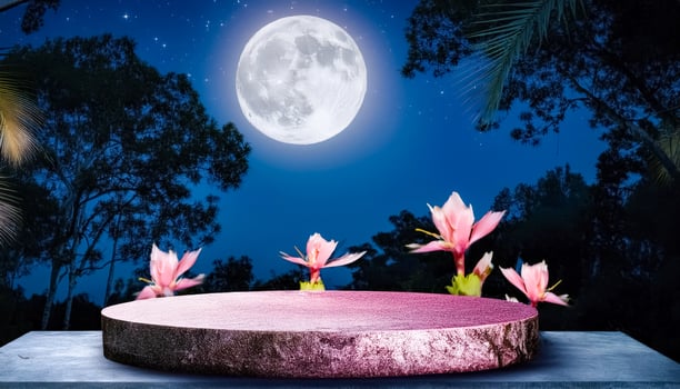 Moonlit Night Product Display with Pink Flowers and Stone Platform photo