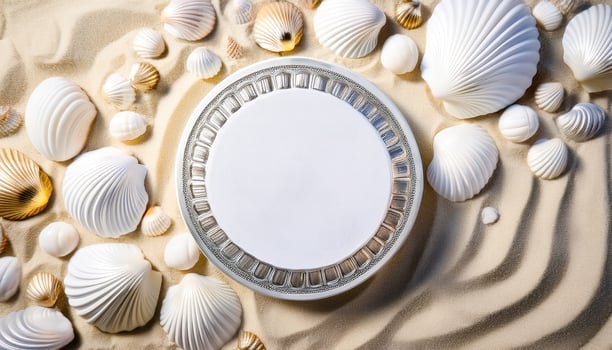 White Sea Shells and Decorative Plate on Sand photo