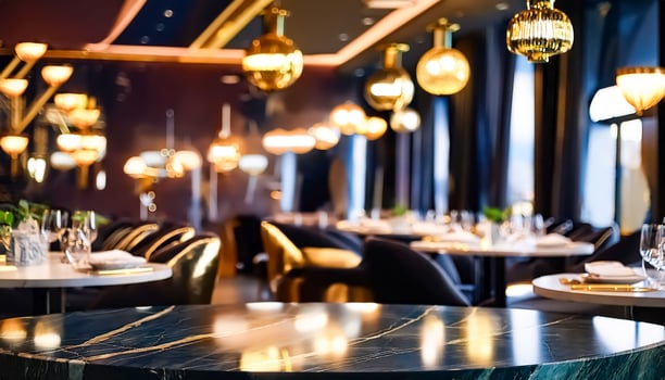 Elegant Restaurant Interior with Marble Table and Golden Lights photo