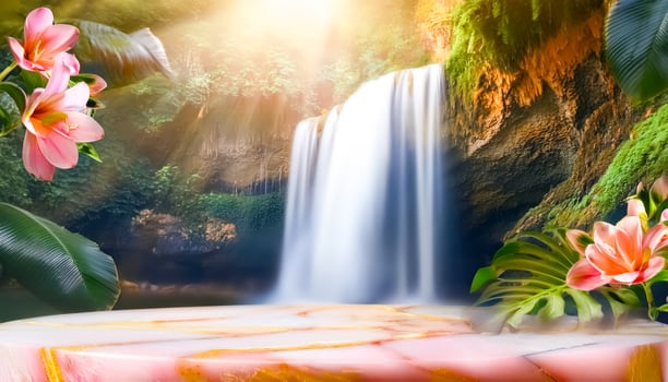 Pink Marble Podium with Tropical Waterfall Background photo