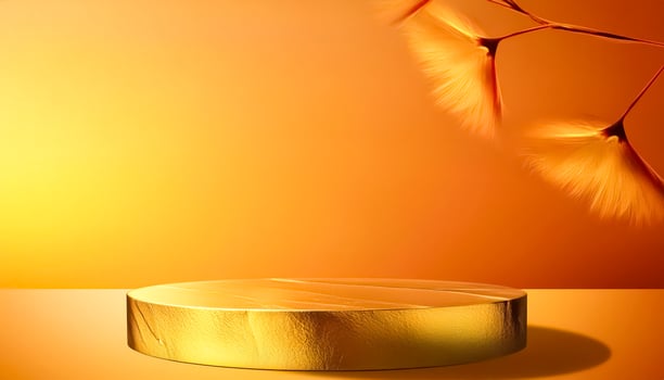 Golden Podium With Fluffy Plant on Orange Background photo